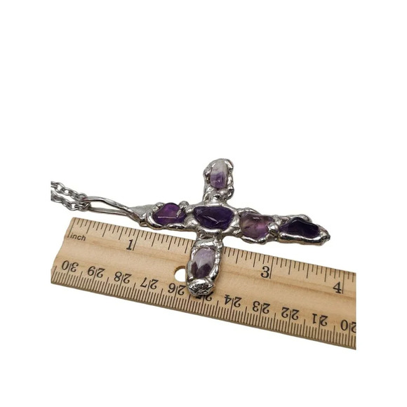Amethyst Gemstone DENMARK Cross Large Pendant Chain Necklace Silver Tone Vintage - Picture 8 of 9